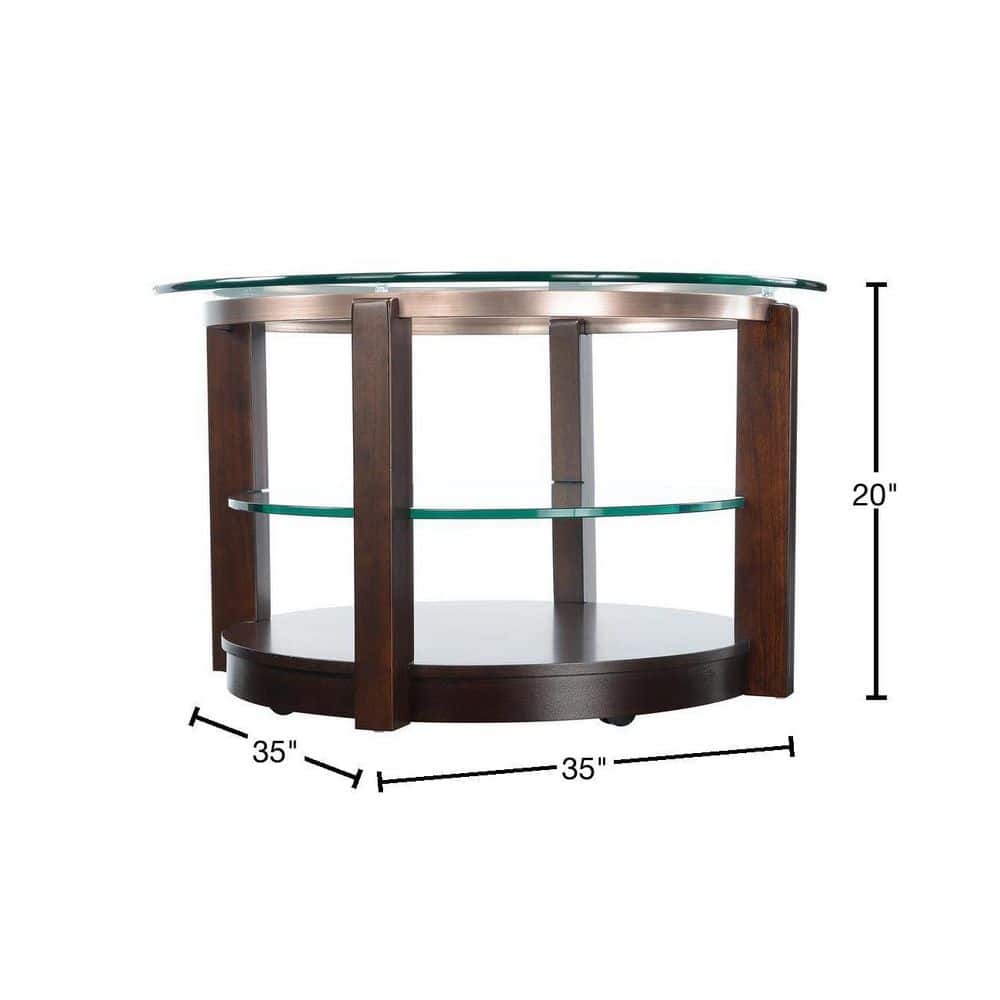 Espresso Round Wood and Glass Coffee Table with Interior Shelf