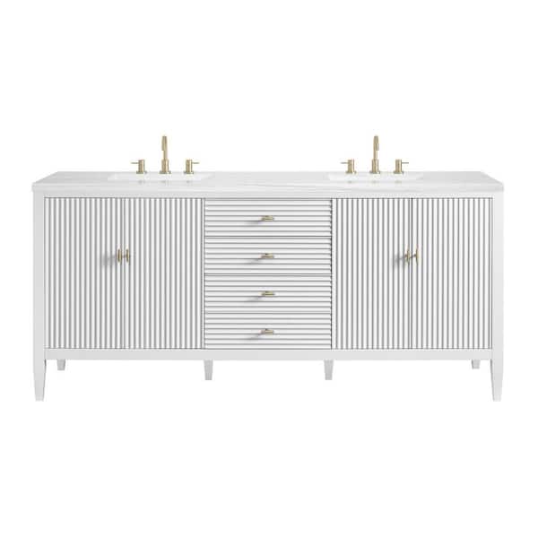 James Martin Vanities Myrrin 72.0 in. W x 23.5 in. D x 34.06 in. H Bathroom Vanity in Bright White with Arctic Fall Solid Surface Top