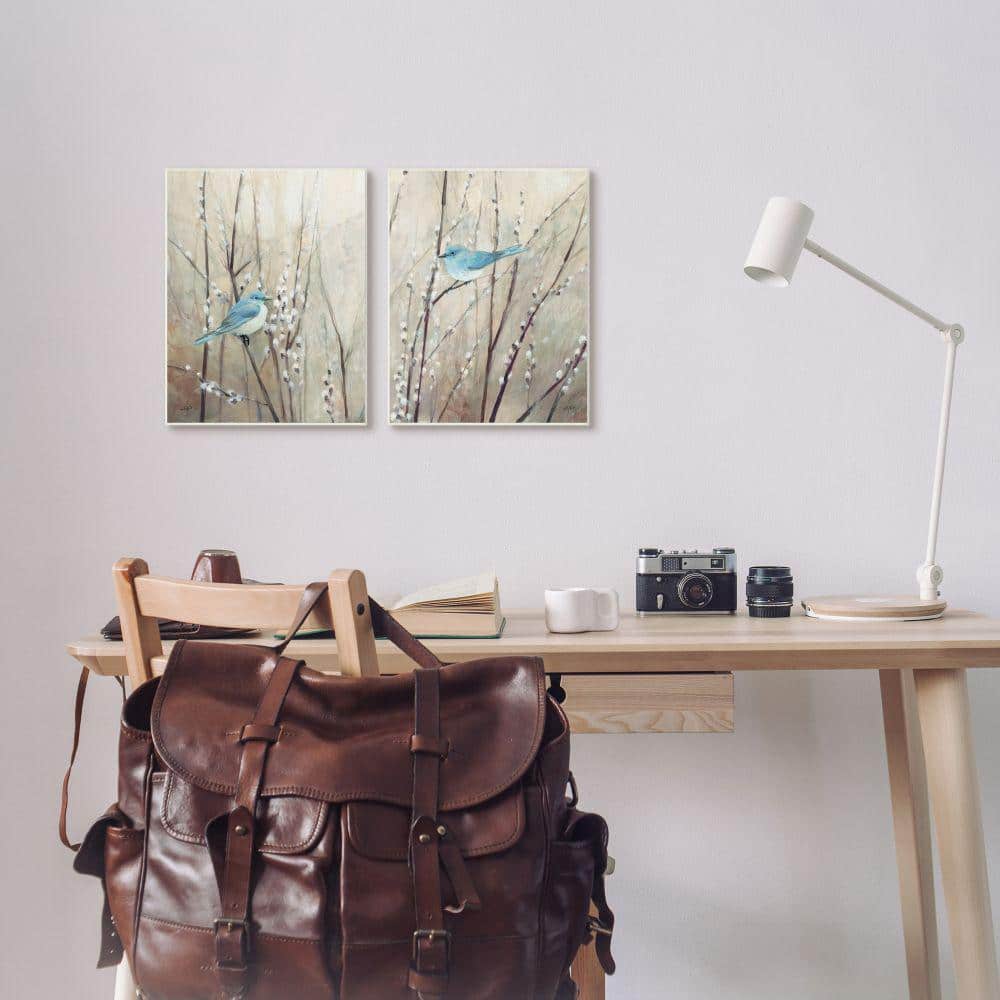 Peaceful Perched Blue Birds Animal Nature Canvas Print with Gray Frame