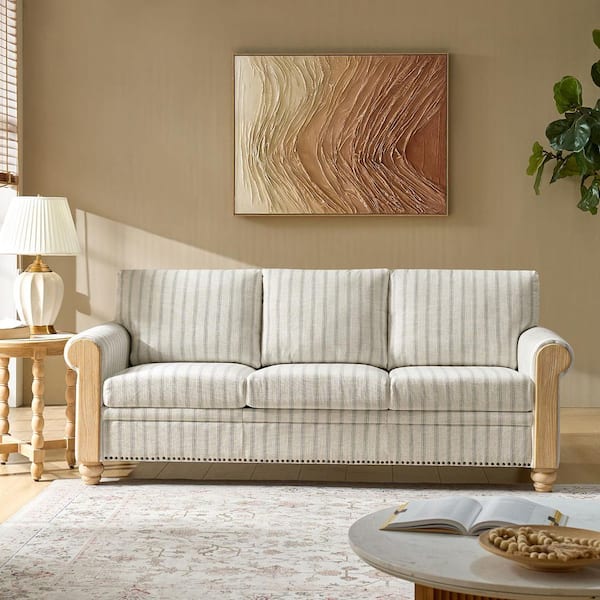 JAYDEN CREATION Azriah Stripe 81 in. W Farmhouse Sofa with Solid Wood Spindle Legs