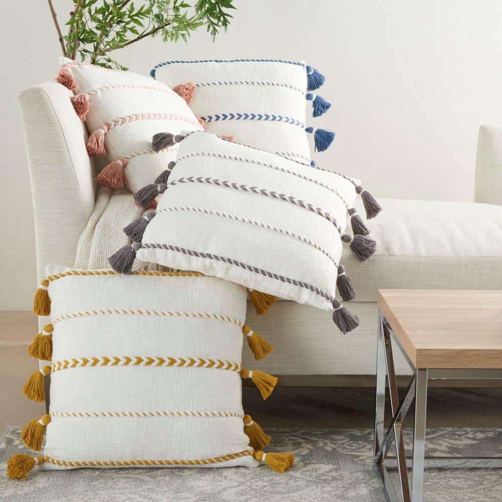 Gray and White Cotton Tassel Striped Square Pillow