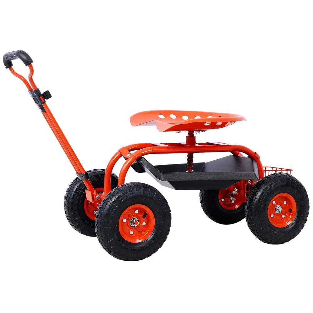 4 cu. ft. Red Steel Rolling Garden Scooter Garden Cart Seat with Wheels and