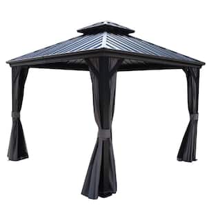 Caesar 10 ft. x 10 ft. Gray Double Roof Hardtop Gazebo with Netting and Shaded Curtains