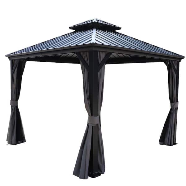 KOZYARD Caesar 10 ft. x 10 ft. Gray Double Roof Hardtop Gazebo with Netting and Shaded Curtains