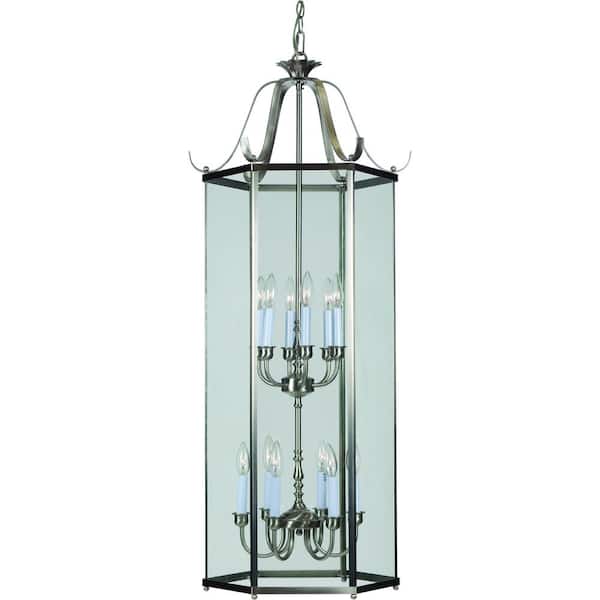 12-Light Brushed Nickel Foyer Chandelier with Clear Beveled Glass Shades