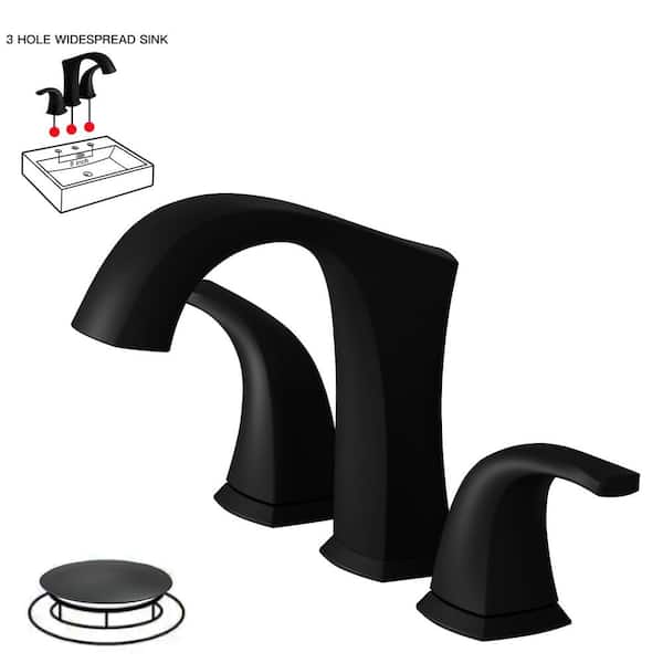 BWE 8 in. Widespread Double Handle Black Bathroom Faucet Set 3-Holes Vanity Sink With Metal Drain In Matte Black