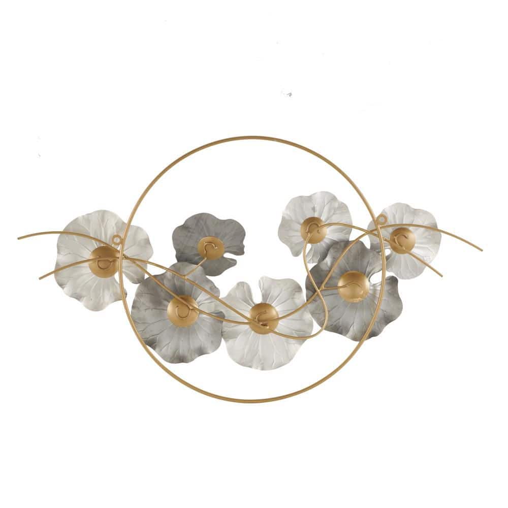 20 in. x 35 in. Gold Stainless Steel Floral Metal Work with Circular Frame and Black Accents