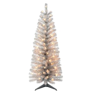 4.5 ft. Pre-Lit Silver Tinsel Artificial Christmas Tree, 160 Tips, 70 UL Clear Incandescent Lights