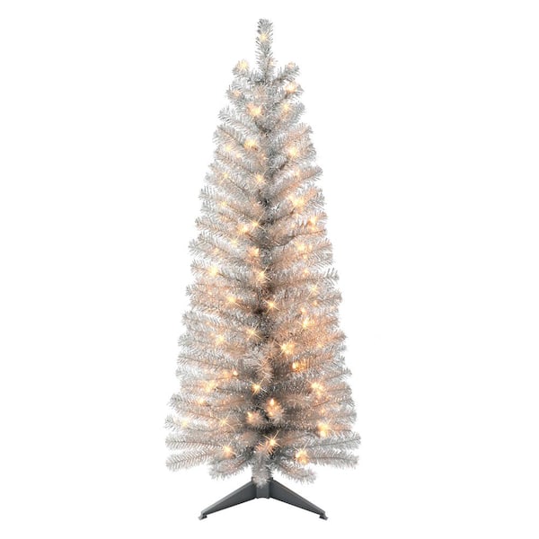 Puleo International 4.5 ft. Pre-Lit Silver Tinsel Artificial Christmas Tree, 160 Tips, 70 UL Clear Incandescent Lights
