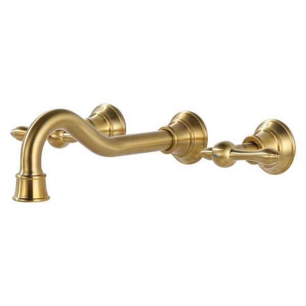 Brass Double Handle Wall Mounted Faucet 8 in. Centerset 3 Hole Bathroom Faucet with Brass Value and 2 Aerators in Gold