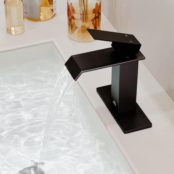 Single Handle Waterfall Spout Single Hole Bathroom Sink Faucet Bath Vanity Faucet with Pop-Up Drain in Matte Black