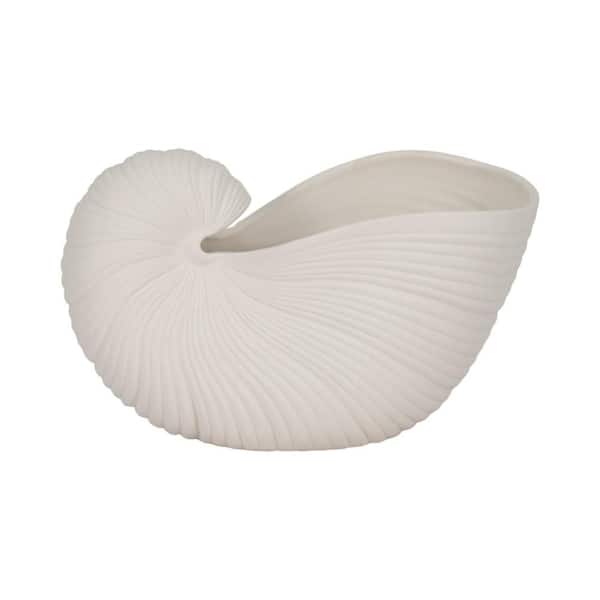 White 10 in. x 6 in. Stoneware Coastal Nautilus Shell Decorative Pot