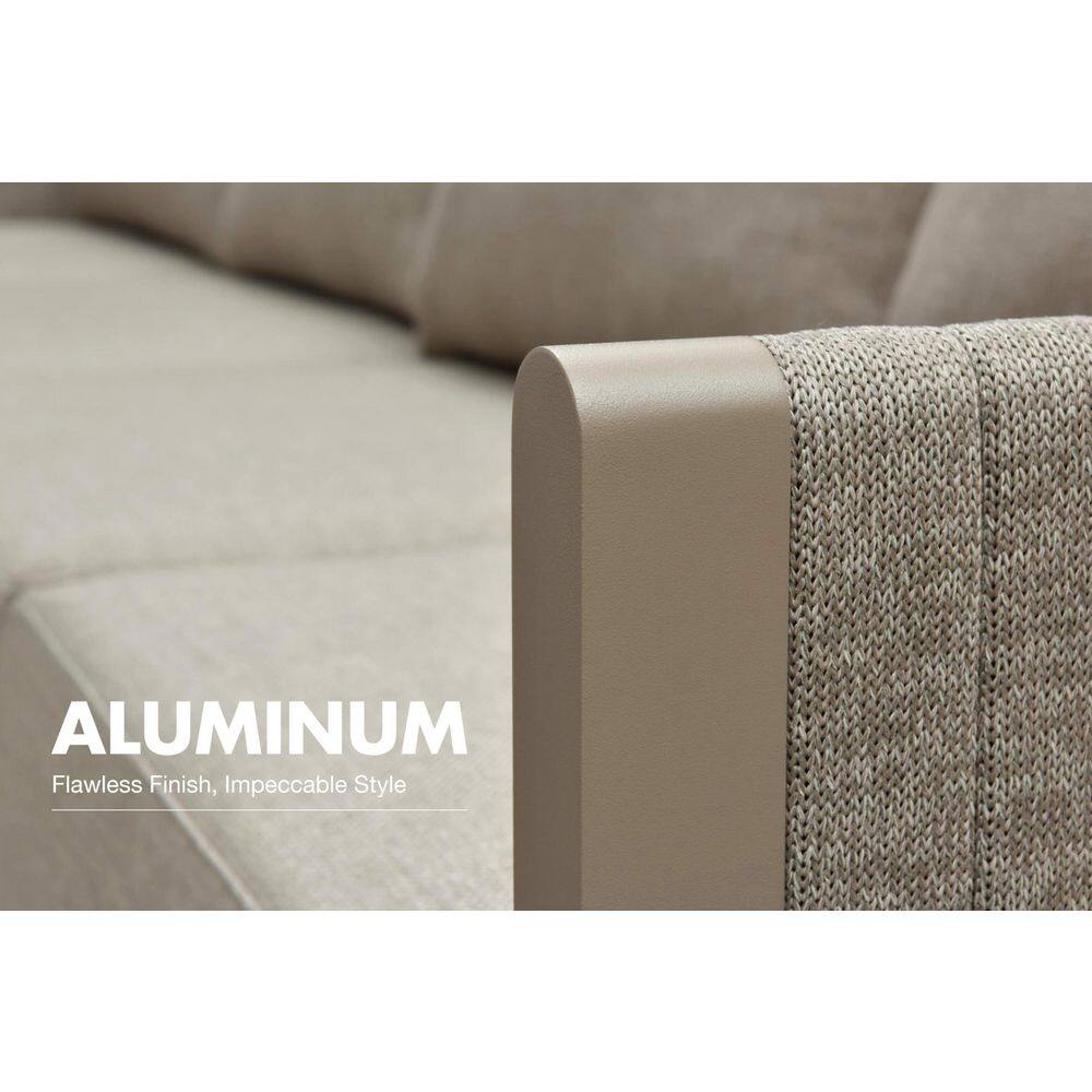 Detail of the aluminum frame and woven fabric of the outdoor sofa.
