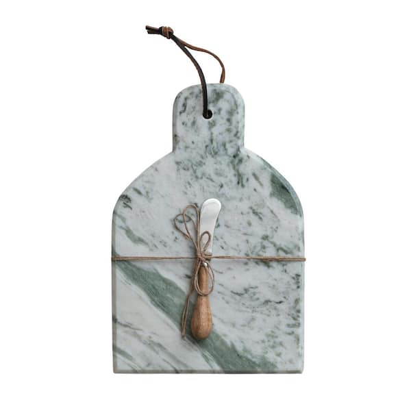 Storied Home 12 in. Green Melange & Natural Marble Cheese and Cutting Boards with Canafe Knife, Handle and Leather Tie (Set of 2)
