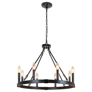 8-Light Matte Black Chandelier 23.6 in. Wagon Wheel