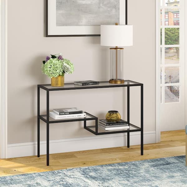 Meyer&Cross Lovett 42 in. Blackened Bronze Standard Rectangle Glass Console Table with Shelves