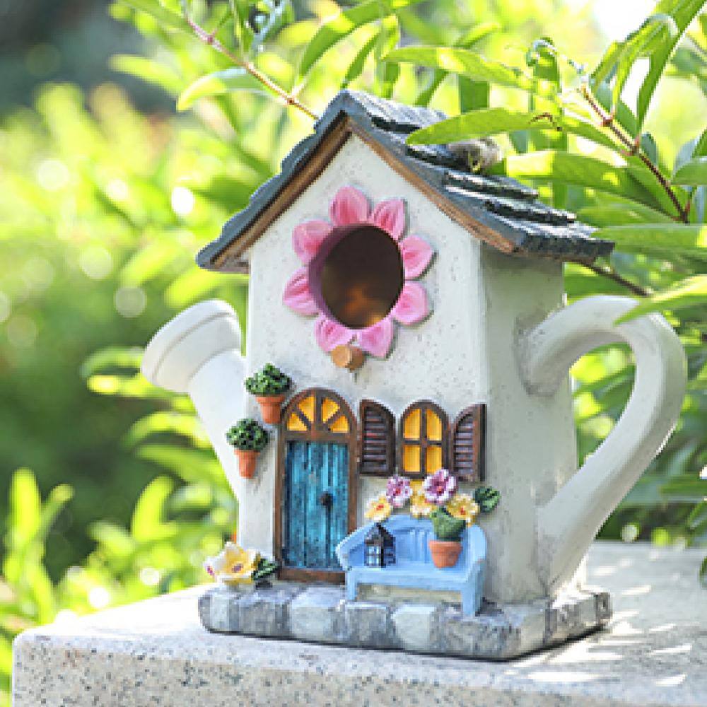 Multi-Colored Resin Watering Can Hanging Bird House with Flower Design