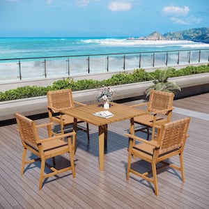 Brown 5-Piece Outdoor Patio Dining Set with Acacia Wood Square Table and Acacia Wood Chairs