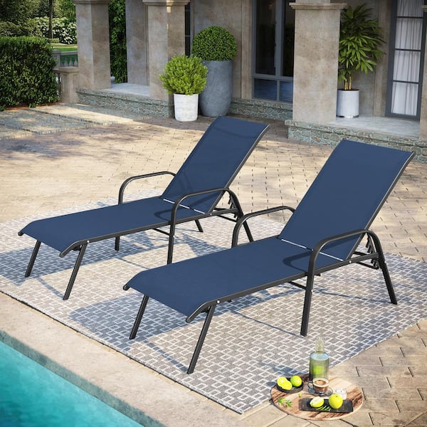 2-Piece Metal Adjustable Patio Outdoor Chaise Lounge Chairs in Navy Blue with Arms