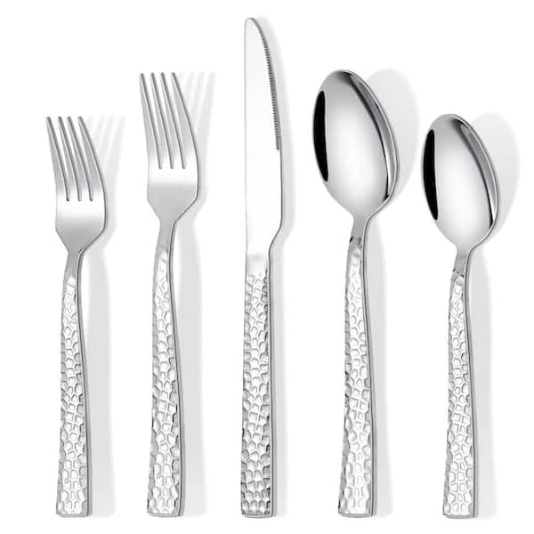 60-Piece Silver Hammered Stainless Steel Flatware Cutlery Set Dishwasher Safe (Service for 12 Guests)