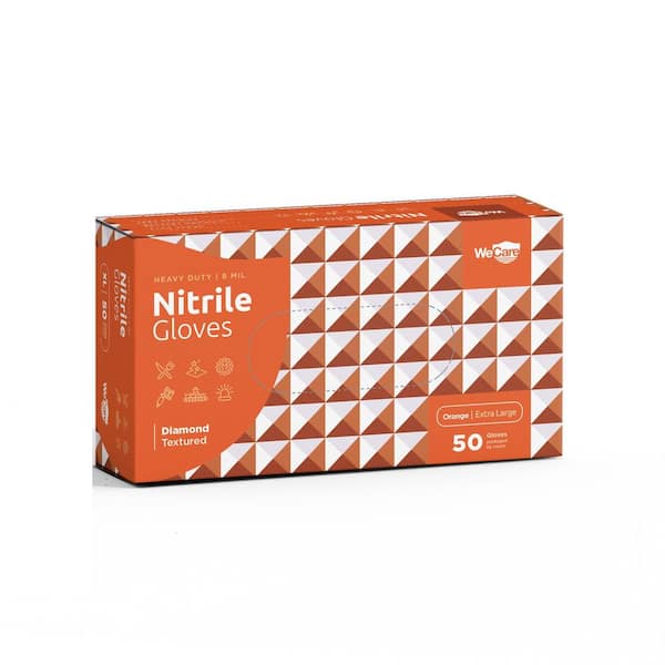 WeCare Extra Large Heavy-Duty Nitrile Gloves 8 mil Diamond Texture Grip - Powder and Latex Free Gloves in Orange - (50-Count)