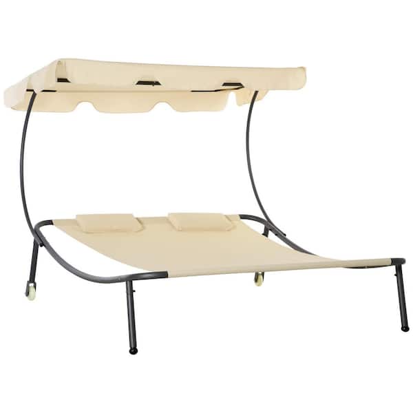 FORCLOVER Black Metal Outdoor Chaise Lounge with Canopy and Removable Wheels