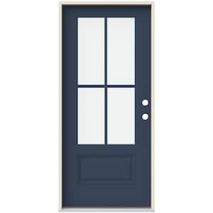 36 in. x 80 in. Left-Hand 4 Lite Clear Glass Revival Blue Painted Fiberglass Prehung Front Door with Brickmould