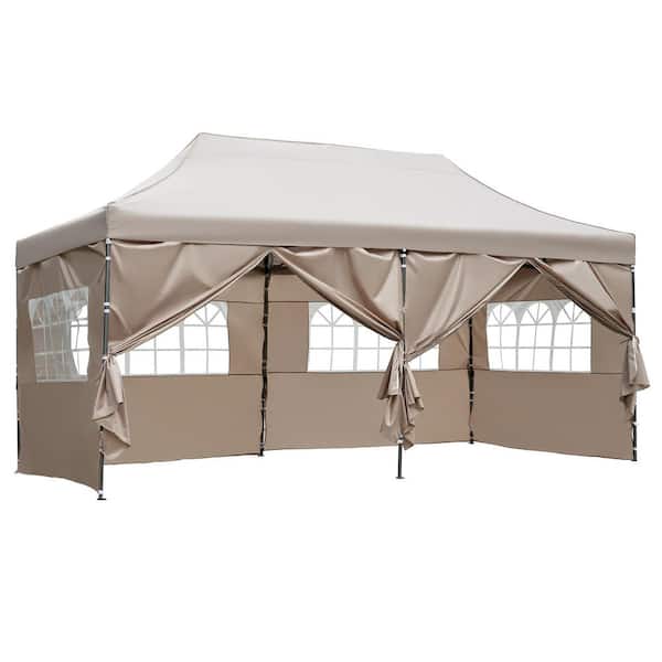10 ft. x 20 ft. Pop Up Canopy with 6 Sidewalls for Parties with Roller Bag in Khaki