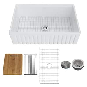 White Fireclay 30 in. Single Bowl Farmhouse Apron Front Kitchen Sink With Accessories