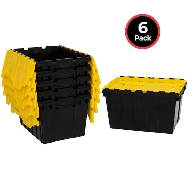 KeepBox 12-Gal Storage Tote, Stackable with Attached Lid, 21.5 in. x 15 in. x 12.5 in., Black/Yellow, 6-Pack