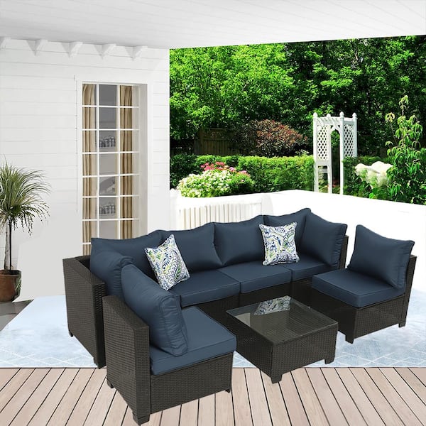 Runesay Outdoor Coffee 7-Piece Wicker Patio Conversation Set with Dark Blue Cushions and Pillows