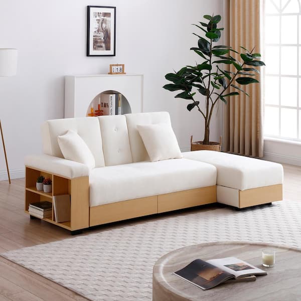 84.65 in.Beige Cotton Full Size Sofa Bed with 2-Pillows