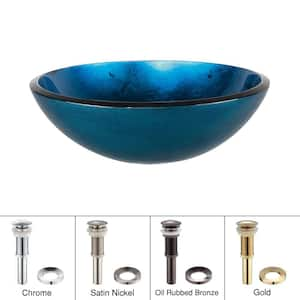 Multi-Color 16.5 in. Round Vessel Bathroom Sink in Blue Glass with Pop-Up Drain and Mounting Ring in Satin Nickel