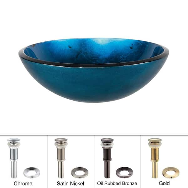 KRAUS Irruption Glass Vessel Sink in Blue with Pop-Up Drain and Mounting Ring in Oil Rubbed Bronze