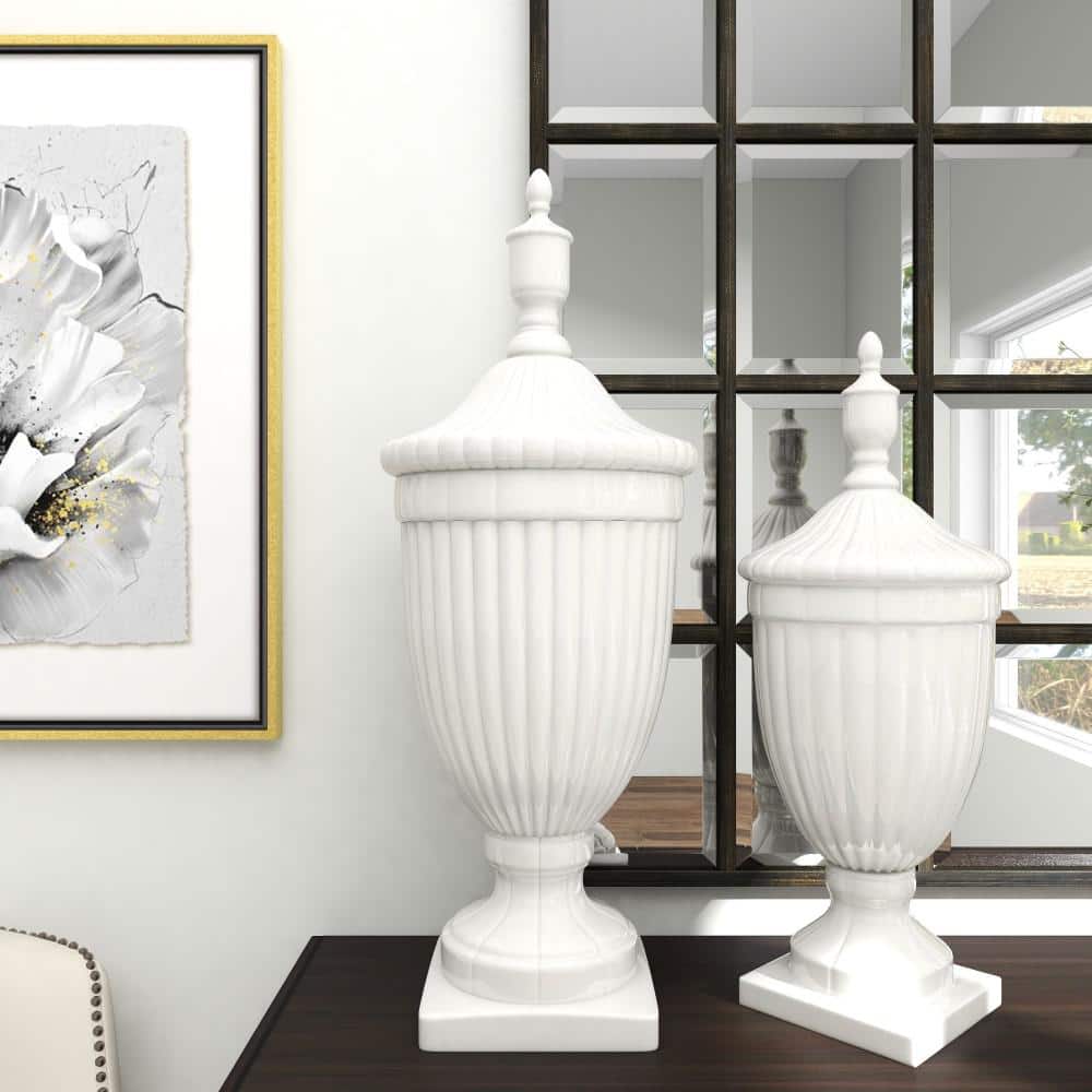 32" White Ceramic Tall Fluted Decorative Urn