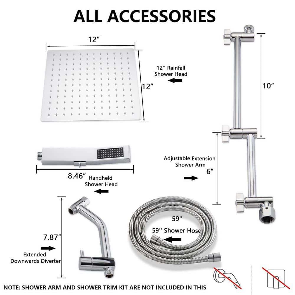 Large Chrome Dual Rainfall Wall Mount Shower Head with Handheld