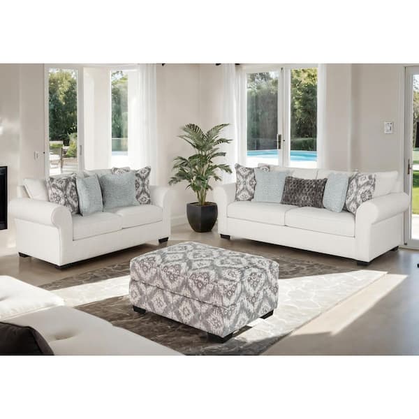 Ayala 3-Piece White Polyester Upholstered Living Room Set with Ottoman, Sock Rolled Arms, Loose Back Cushion