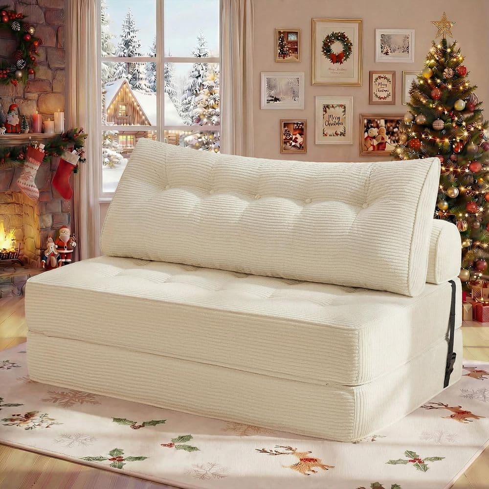 Hommpa 51.18 in. Folding White Corduroy Full Size Folding Sofa Bed