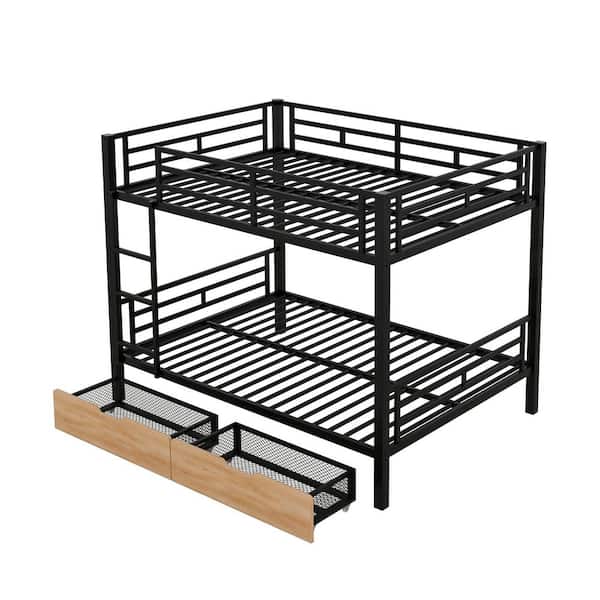 Black Full Size Convertible Bunk Bed with 2 Drawers