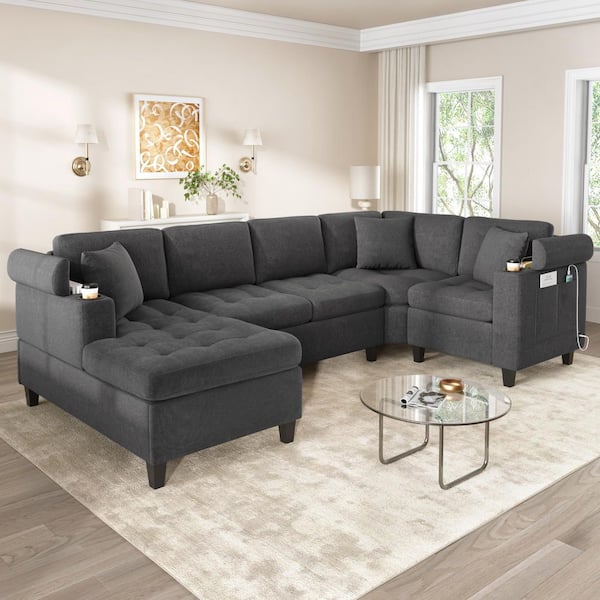 115.7 in. W Chenille U-Shaped Sectional Sofa in. Gray with USB Charging, Cup Holders, Flip-Top Storage in Arms