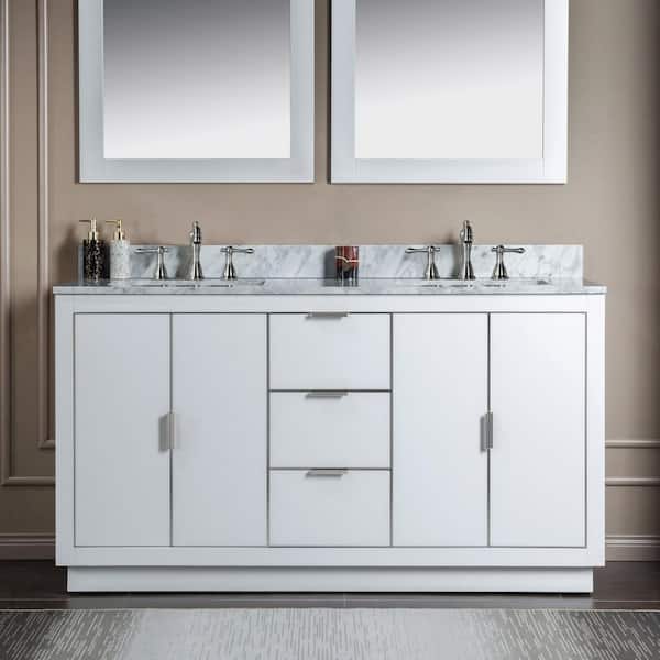 Venice 61 in. W x 22 in. D x 38 in. H Bath Vanity in White with Carrara White Marble Vanity Top with White Basin