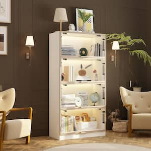 63 in. Tall White Wood 4-Shelf Bookcase Bookshelf with Flip up Glass Doors and 3-Color LED Lights