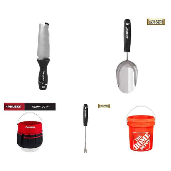 5 Gallon Orange Bucket, 6-1/5 in. Soil Scoop, 12 in. 30 Pocket Bucket Jockey, Weeder, and 11.25 in. Garden Knife Combo