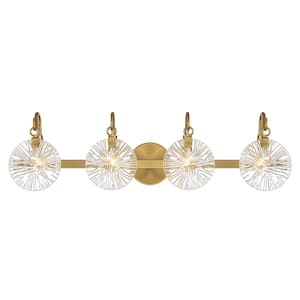 Addison 32 in. 4-Light Warm Brass Bathroom Vanity Light with Clear Starburst Glass Shades