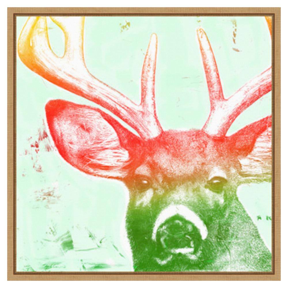 22"x22" Colorful Deer Portrait on Canvas with Maple Frame