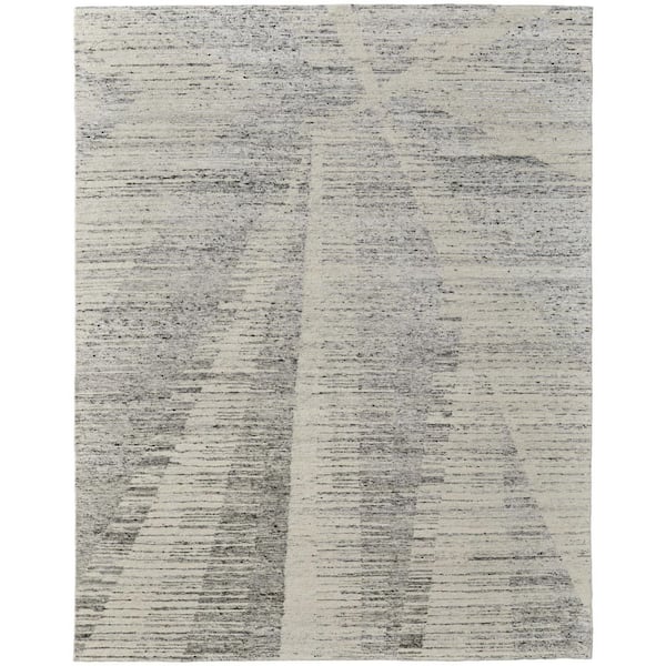 9 ft. x 13 ft. Ivory and Gray Abstract Hand Knotted Worn Faded Area Rug