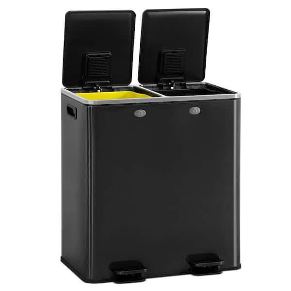 16 gal. Black Stainless Steel Metal Household Dual Trash Can with Double Lid 30L Plus 30L