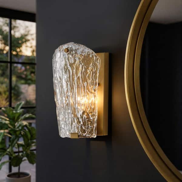 9.75 in. 1-Light Gold Wall Sconces with Clear Textured Glass Shade, Modern Wall Light for Bathroom, Living Room