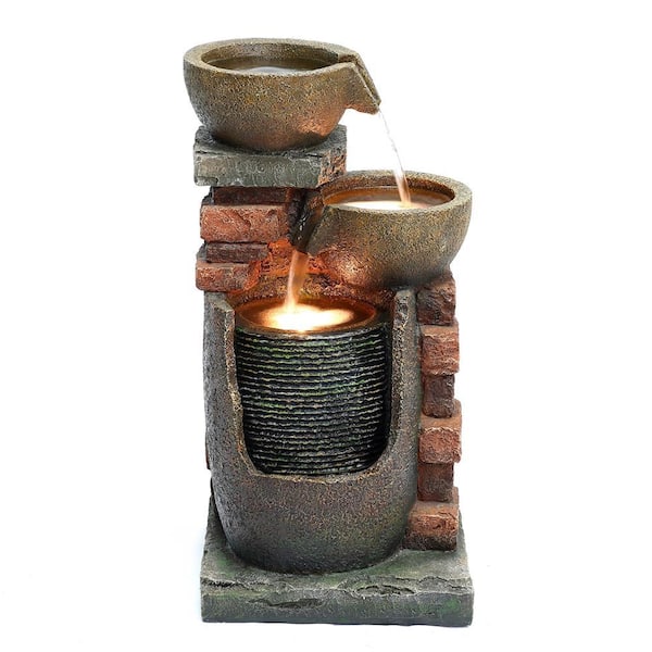LuxenHome Bowls and Bricks Polyresin Cascade Fountain with LED Lights