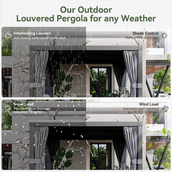 10 ft. x 10 ft. Louvered Aluminum Pergola with Curtains and Netting in Metallic Gray